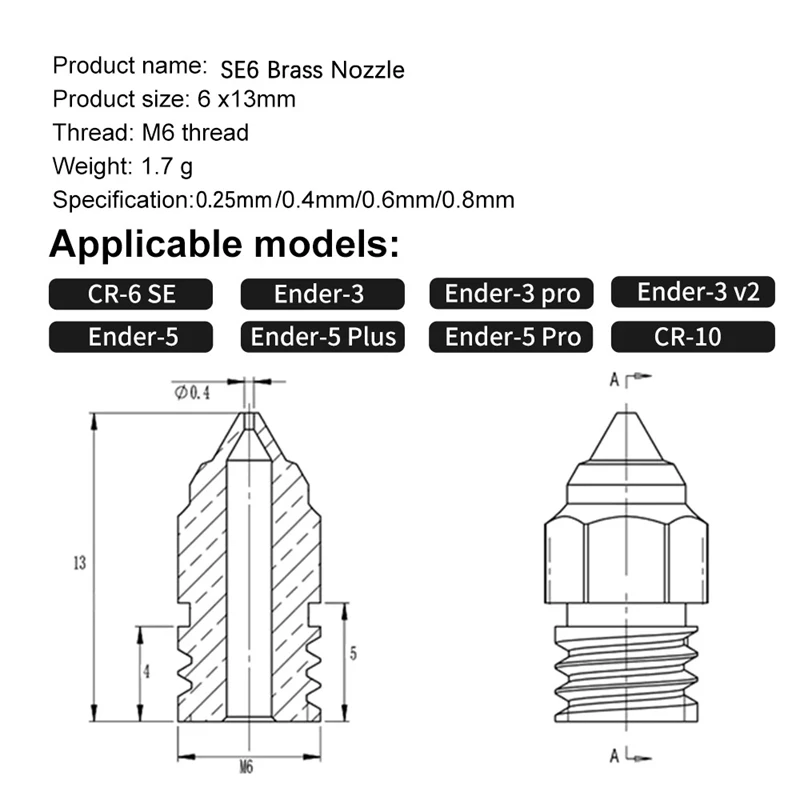 5PCS/10PCS Brass Nozzles 0.2/0.3/0.4/0.6/0.8mm For Ender 3/Pro/V2/Max/Neo Ender 5/Pro/Plus Ender 6 CR-6 SE 3D Printer Accessory