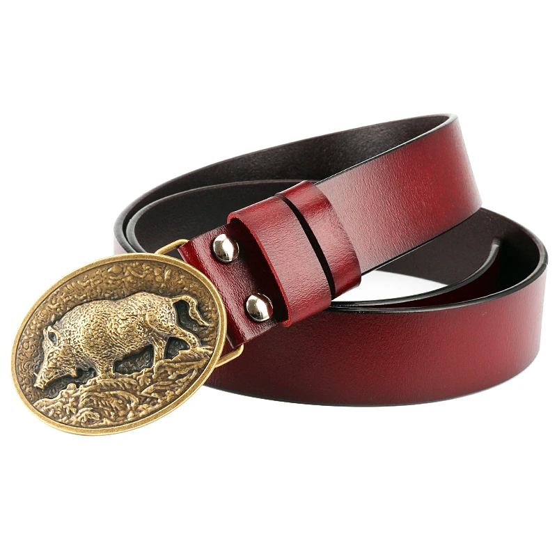 Fashion Belt Wild Boar Hunting Sign Metal Buckle Genuine Leather Waistband Cowskin Sus Scrofa For Birthday Gift