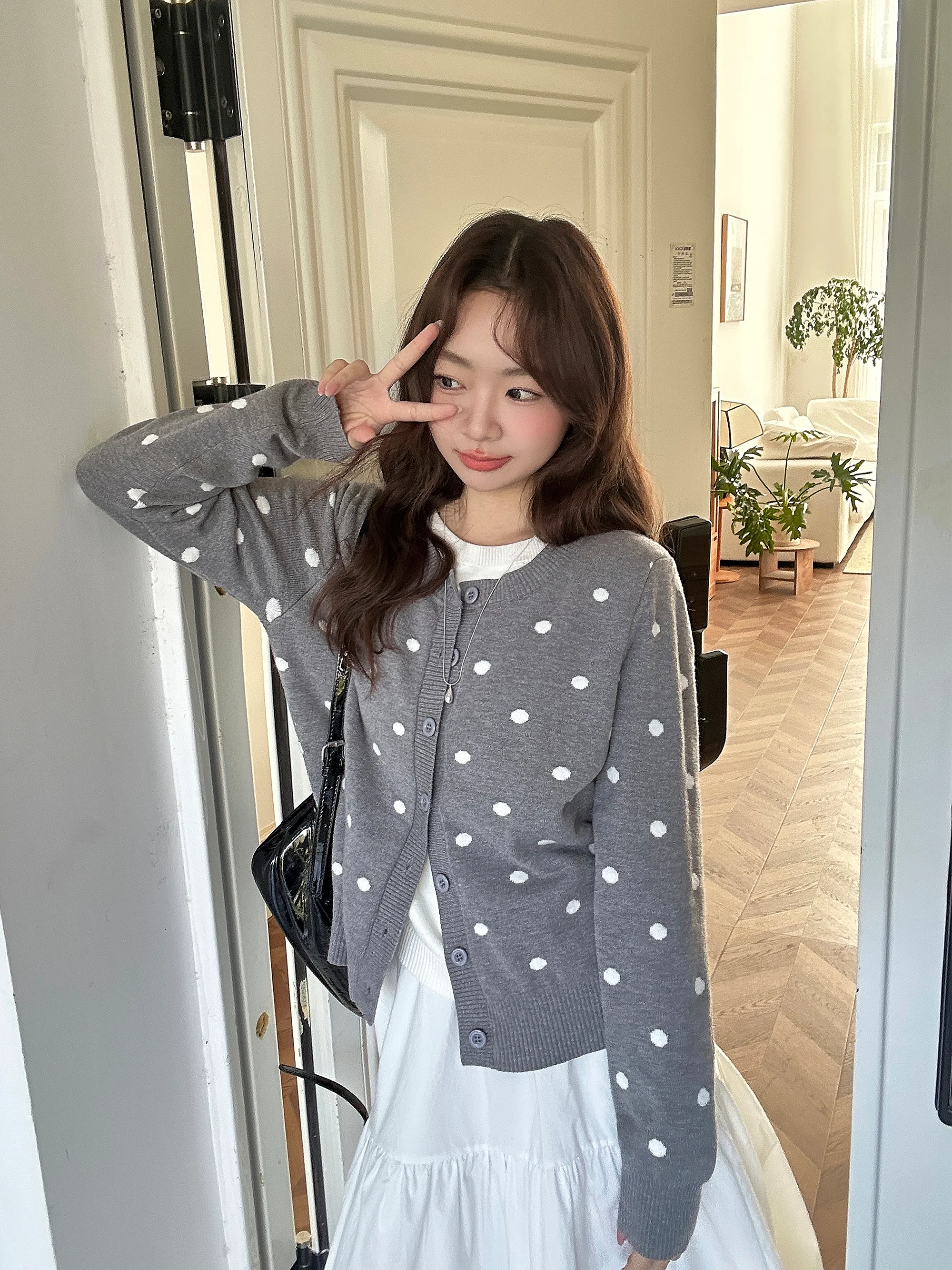 

Spring New Arrival Women's Knitted Sweater Hooded Polka Dot Pattern Soft Polyester Nylon Blend Long Sleeve Regular Fit Knitwear