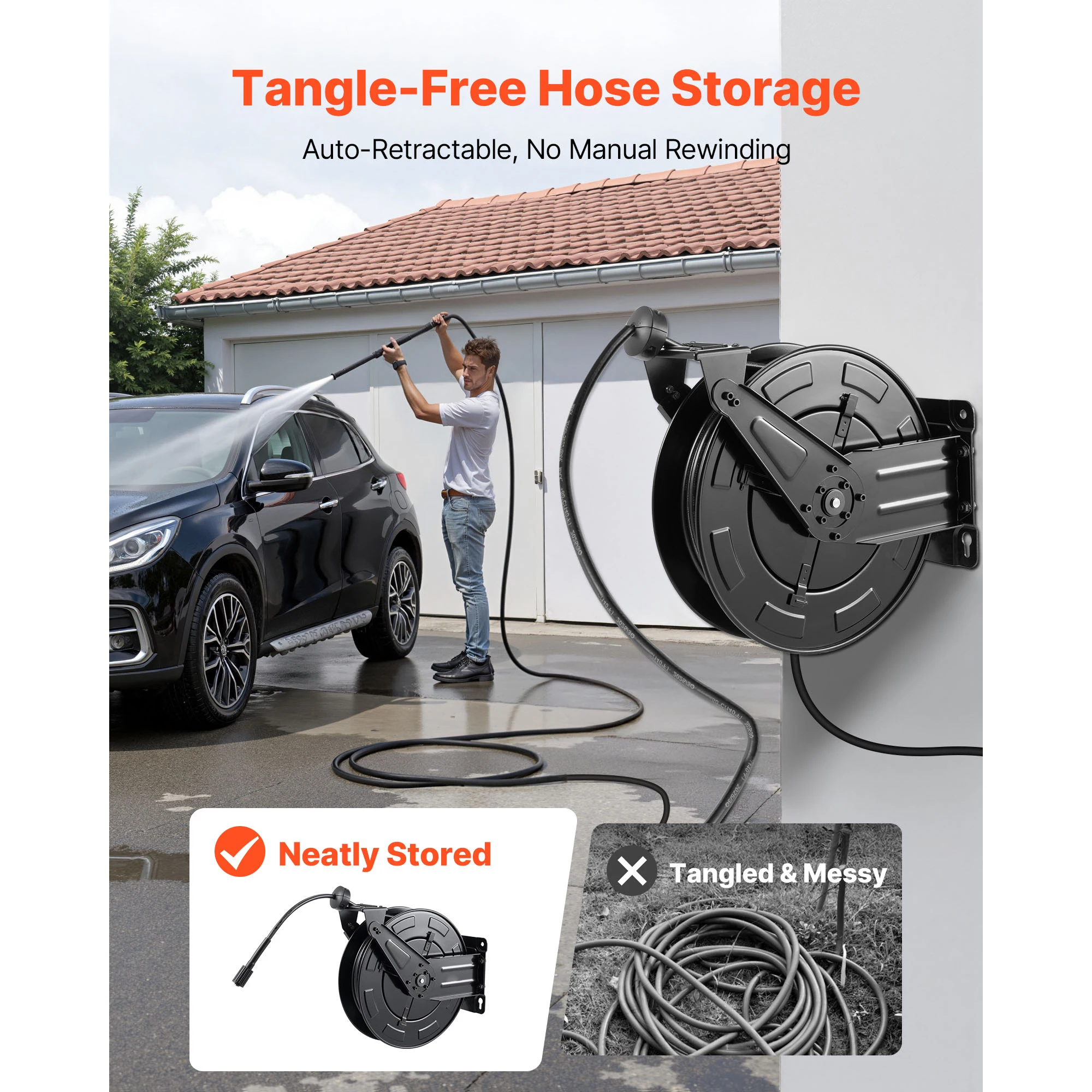 Pressure Washer Hose Reel, 50 ft x 3/8 inch Retractable Power Heavy-Duty Steel Washer Hose Reel, 4000PSI Max, Auto-Rewinding, Flexible Wall/Floor Mounted for Car Washing, Garden, Floor Cleaning