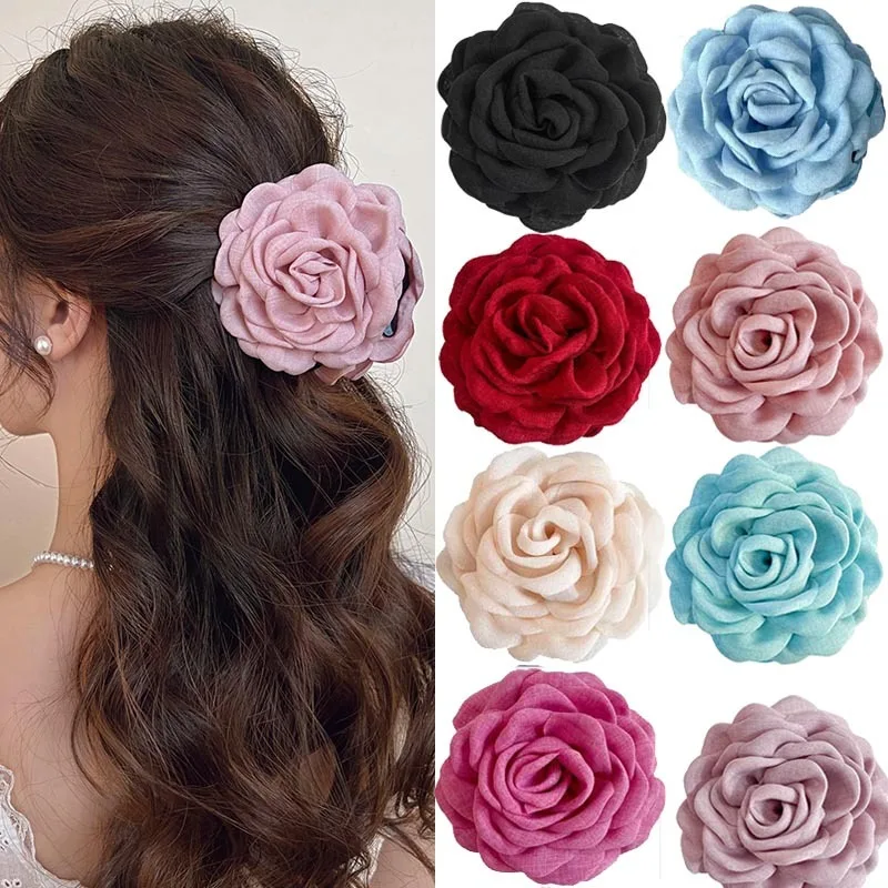 French Romantic Rose Flower Hair Clip Women Elegant Large Shark Clip Hair Claw Ponytail Barrettes Girl Hair Accessories Headwear