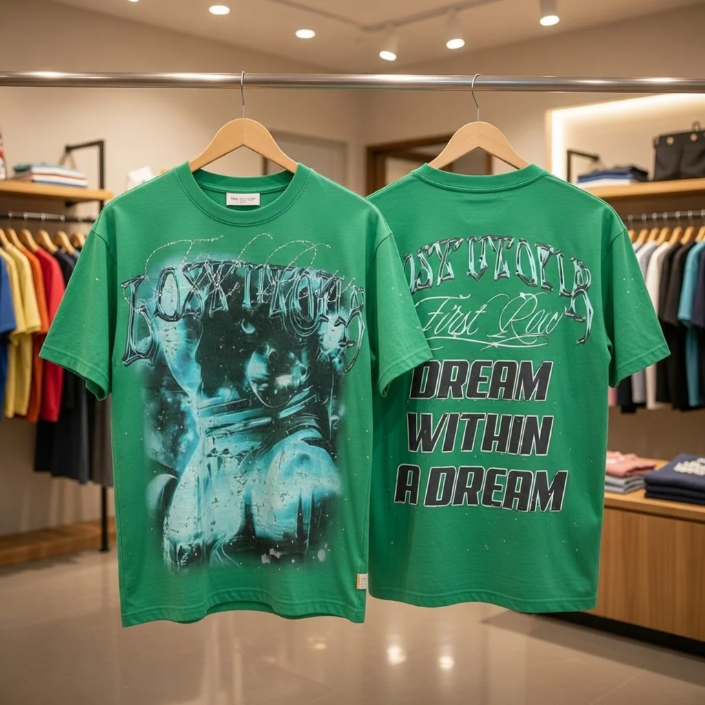 FIRST ROW TEE Green Gradient Graphic Oversized T-Shirt Futuristic Astronaut Print Vintage Washed Streetwear Casual Tee Unisex