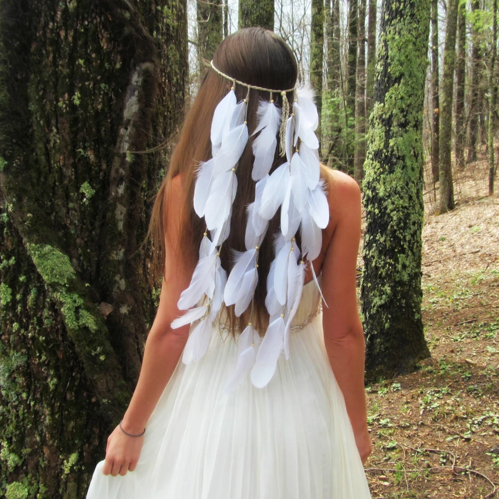 

Повязка на голову с перьями, женский праздничный головной убор, белая веревка с перьями, корона, головной убор для девочек, богемная индийская повязка для волос с перьями