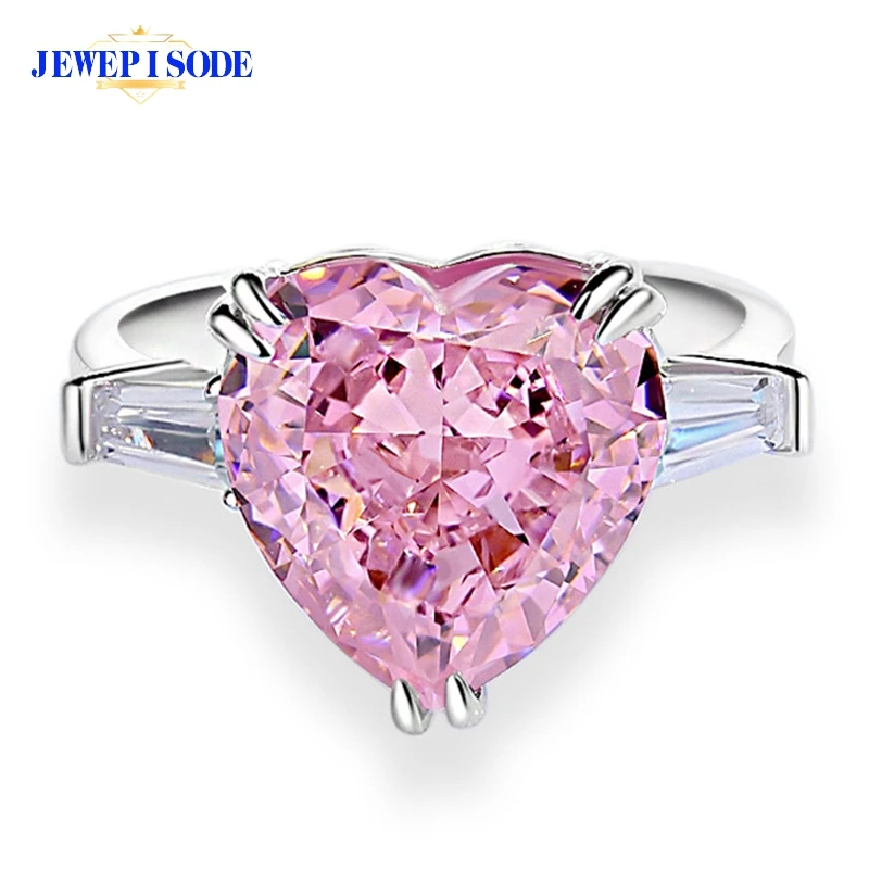 

JEWEPISODE Romantic 925 Sterling Silver 12MM Crushed Ice Heart Cut Pink Sapphire Diamond Wedding Engagement Ring Fine Jewelry