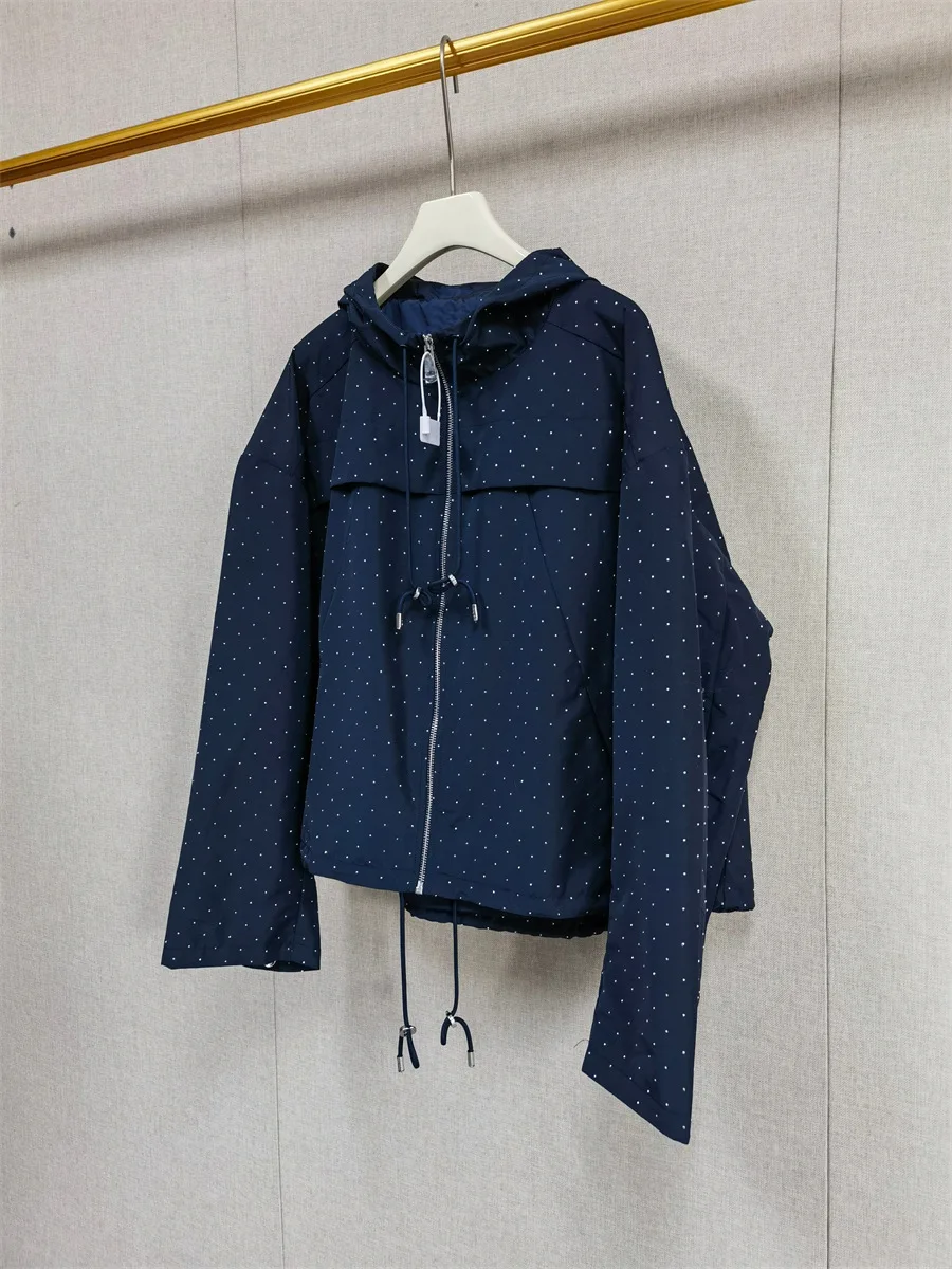 2026 New Arrival Women Fashion Hooded Jacket with Rhinestone Decoration, French Style Loose Casual Lightweight Outerwear