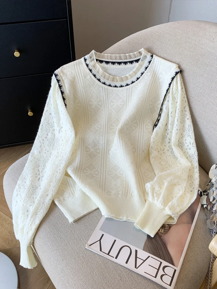 

French Lace Patchwork Women's Sweater Round Neck Pullover Long sleeve Knit Shirt Chic Solid Color Commuting Tops