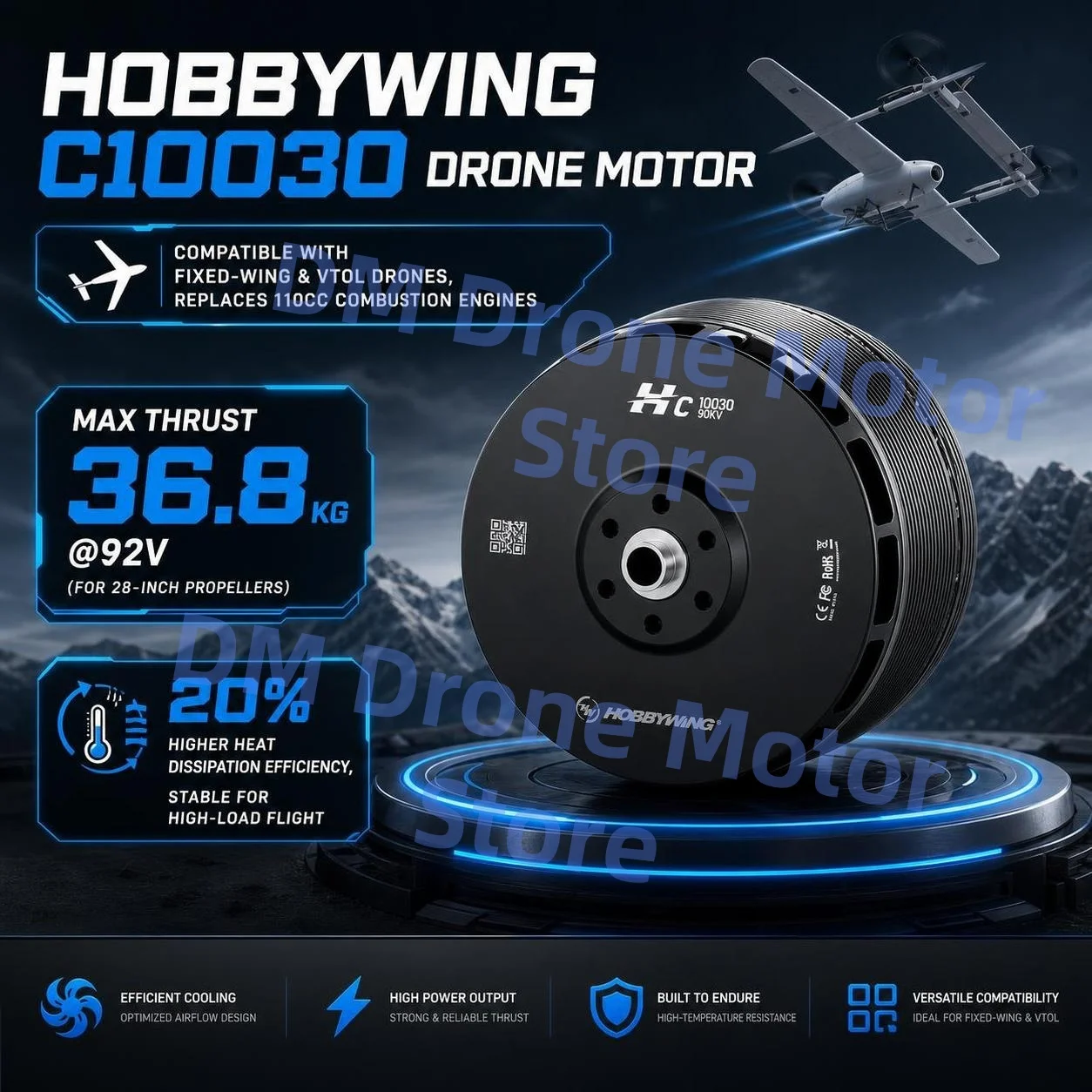 Hobbywing Fixed-wing C10030-90KV Efficient Cooling with Great Power 28-inch Propellers Max Thrust 36.8kg High Protection