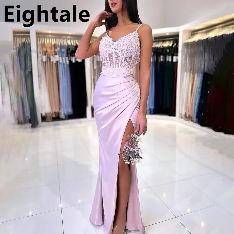 

Eightale 2025 Light Pink Slit Corset Mermaid Prom Dress Appliques Backless Evening Dress Women Formal Party Gown Robes De Soirée