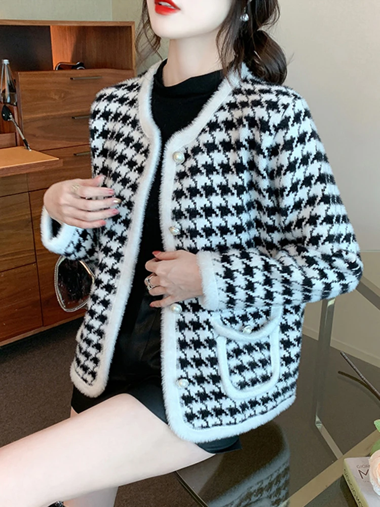 Chic Vintage Houndstooth Knitted Cardigans for Women O Neck Long Sleeve Female Cardigan Sweaters Autumn Winter Casual Knitwear