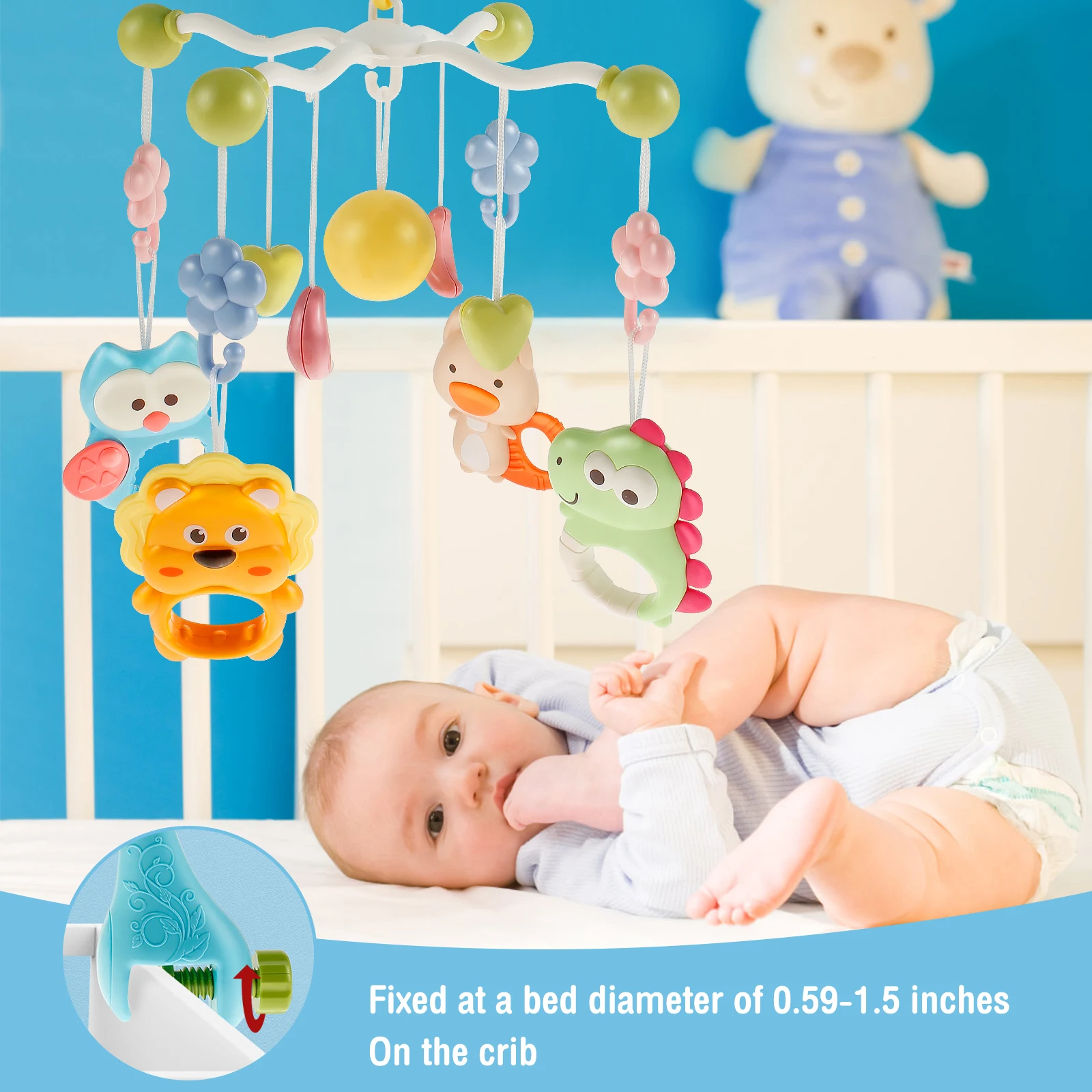 Baby Crib Mobile with Music and Light Cute Crib Mobile Toys with Remote Control 360° Rotation Baby Musical Crib Mobile