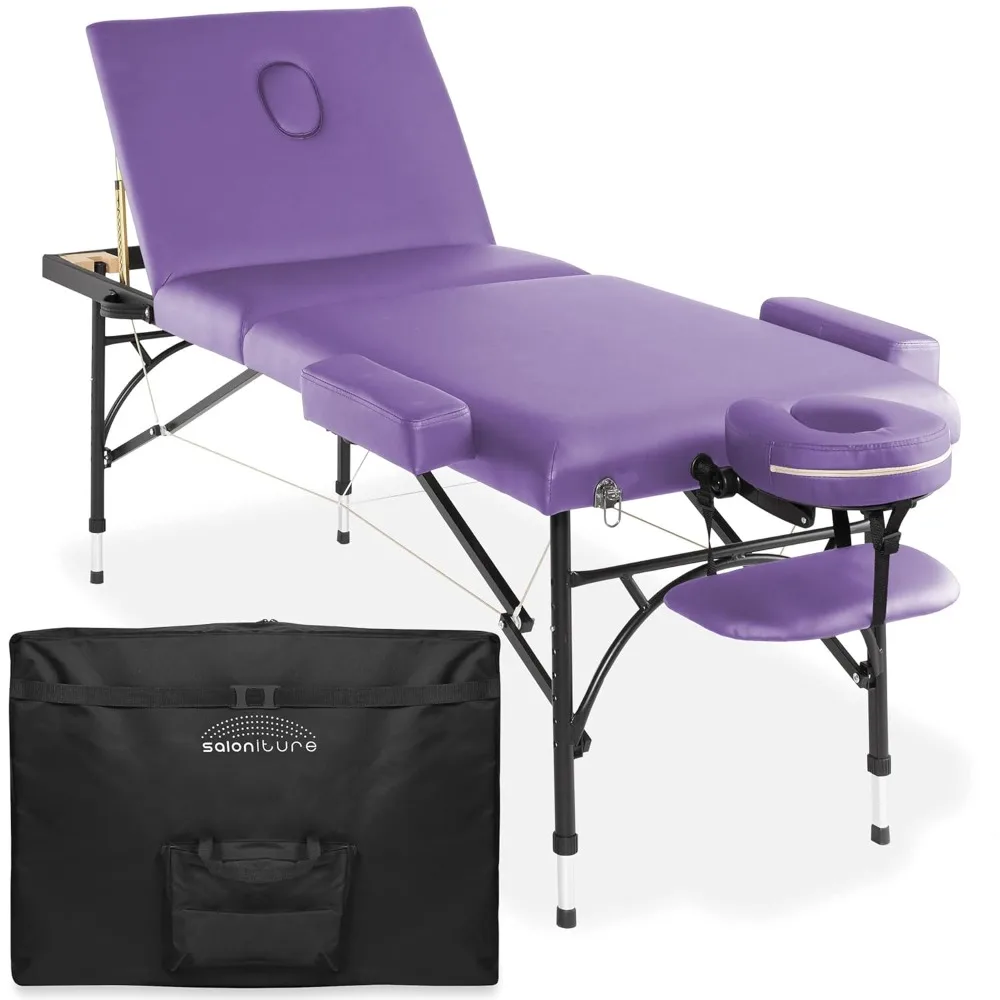 Saloniture Professional แบบพกพาน้ําหนักเบา Tri-Fold โต๊ะนวดขาอลูมิเนียม-รวม Headrest, Face Cradle,