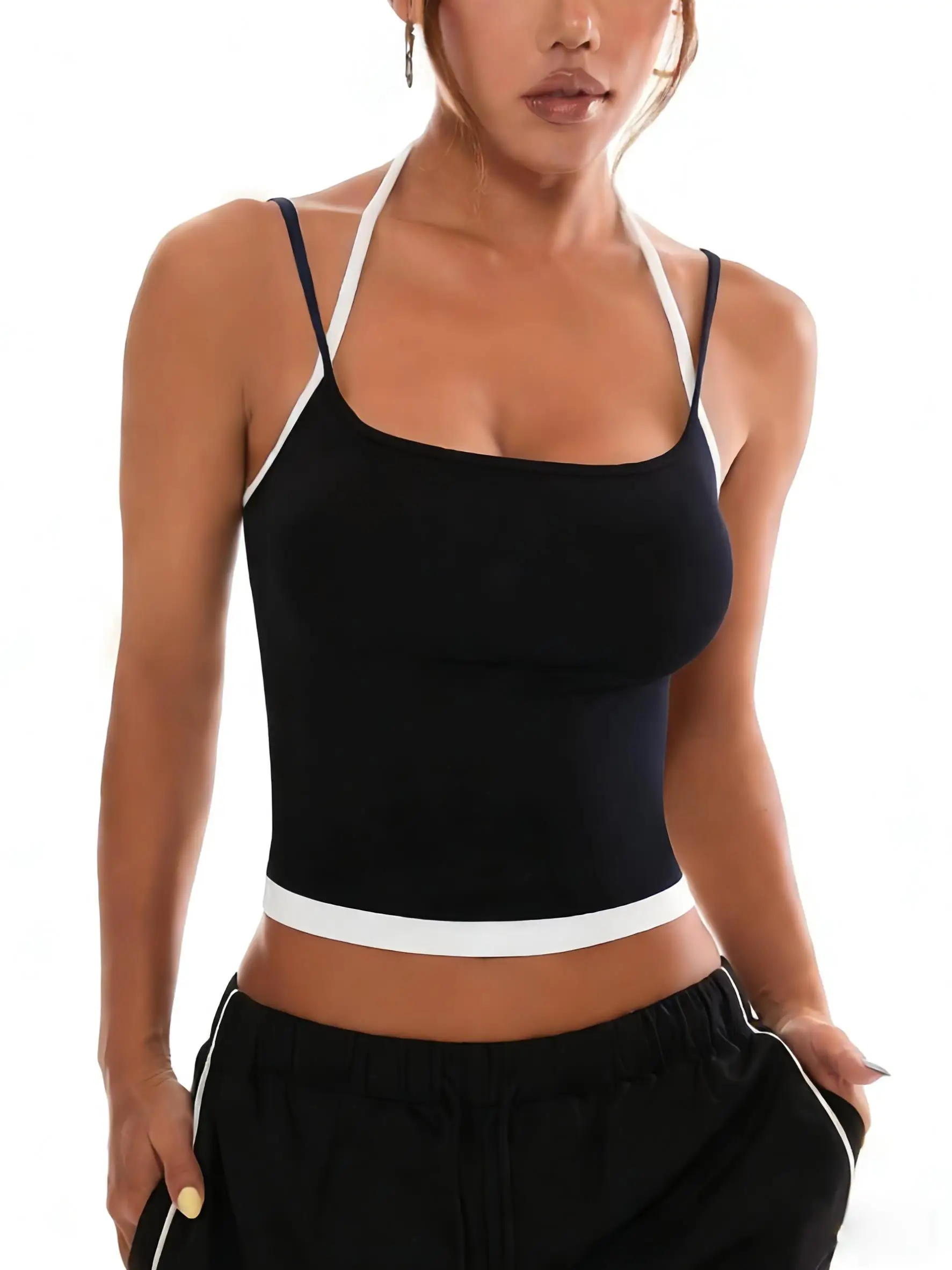 Korean Style Woman Halter Vest Thread O-Neck Singlet Womens Summer Fitness Tank Tops Fashion Y2K Contrast Color Camisole