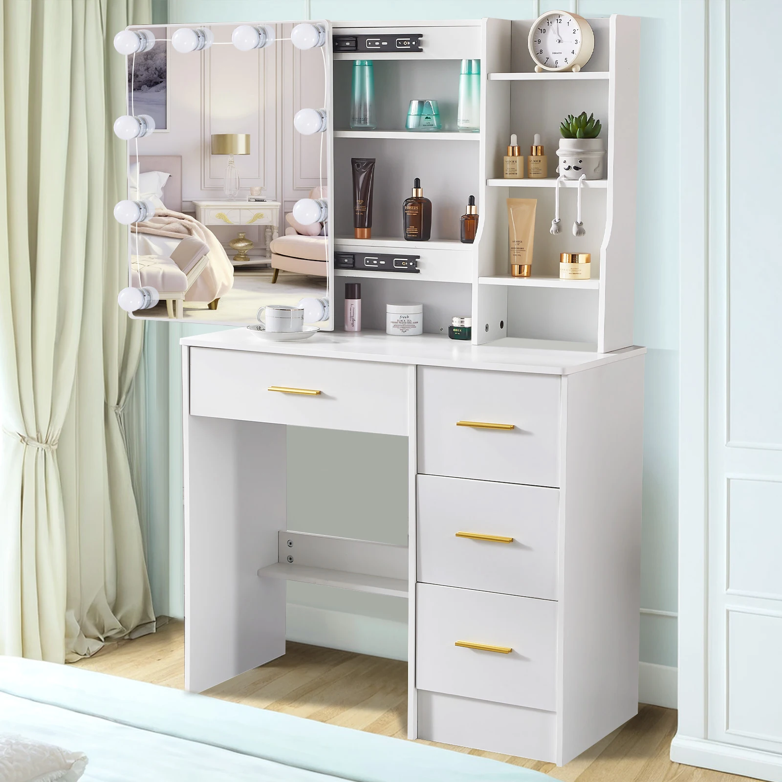 طاولة الزينة الحديثة، طاولة الزينة، مرآة مضاءة أنيقة مع 4 أدراج #5