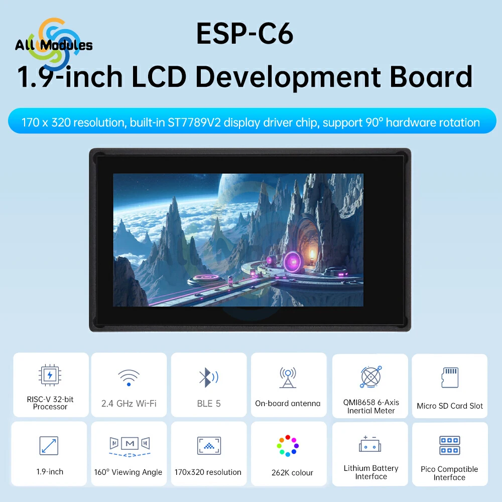 ESP32-C6 1.9-Inch Lcd Screen Wifi Bt Development Board 170 × 320 Resolution 160Mhz Risc-V Processor Type C