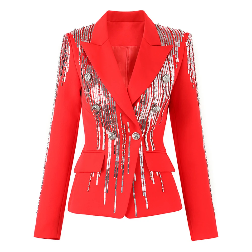 TWOTWINSTYLE Solid Spliced Sequins Blazer for Women Lapel Long Sleeves Patchwork Pockets Temperament Coat Female Clothing New