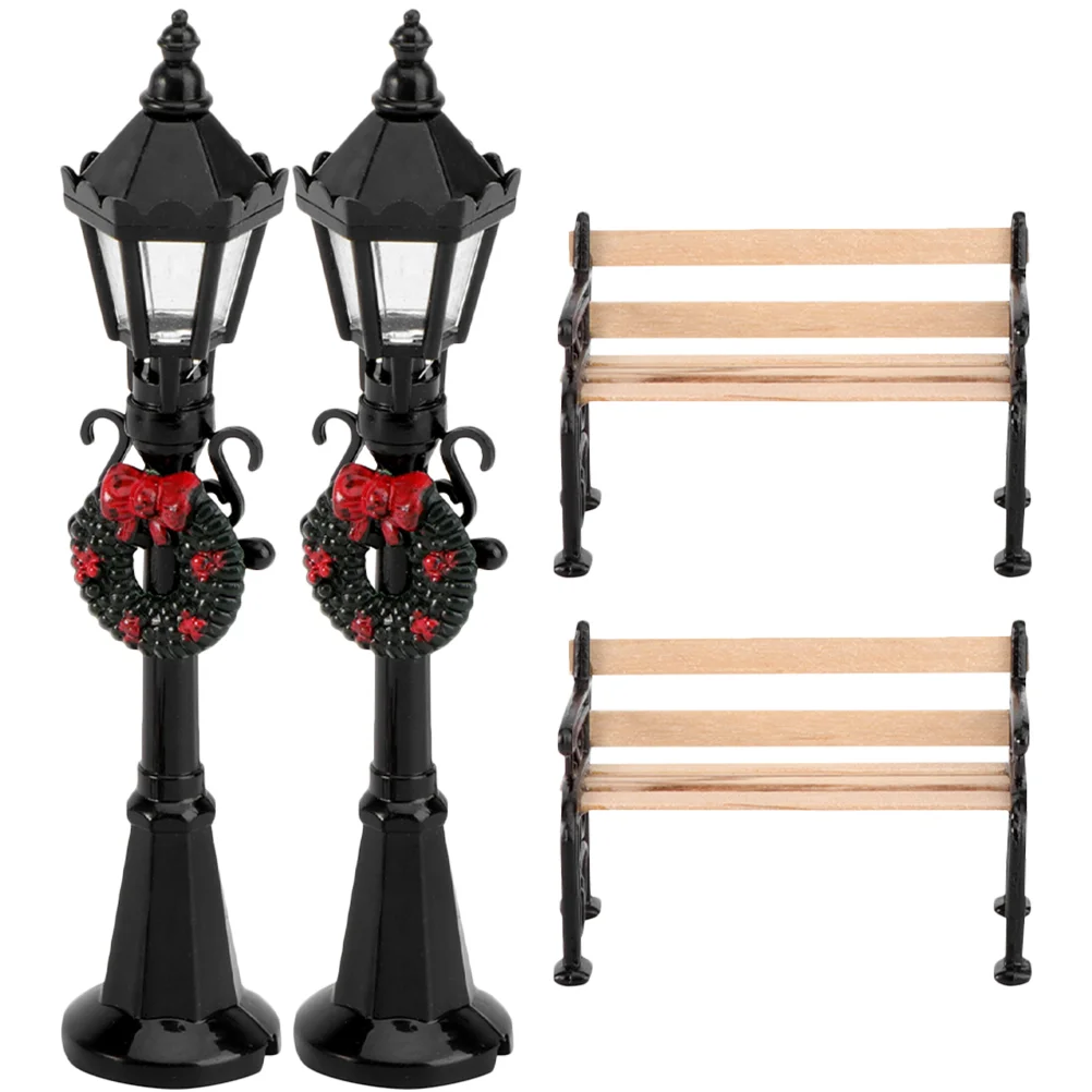 4 Pcs Rustic Decor 1/12 Scale Furniture Bench Miniature Street Lamp Post Wooden Lights Props