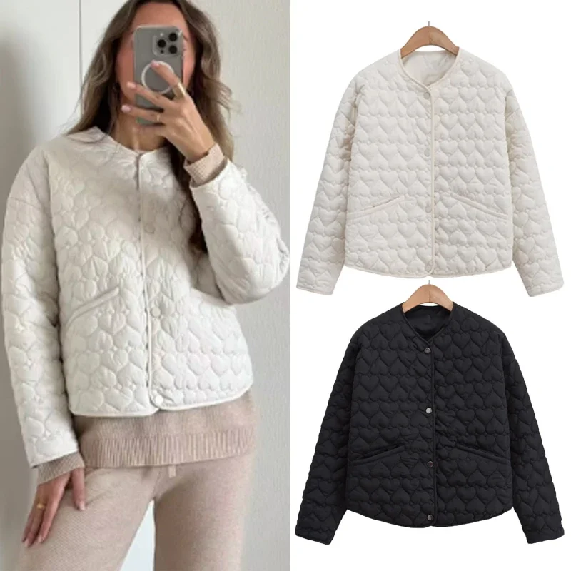 

White Padded Jacket Women Fashion Parkas Heart Quilted Cardigan Lightweight Coat 2025 New Autumn Long Sleeve Button-Up Outerwear