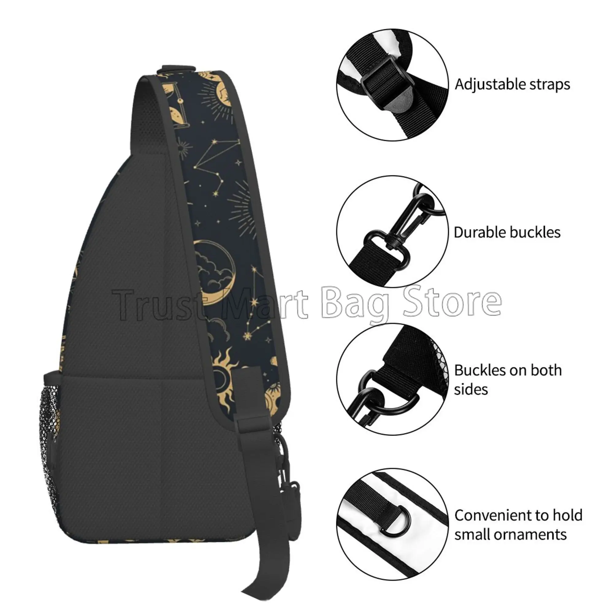 Sun and Moon Retro Sling Bag Astronomy Witch Crossbody Backpack Travel Hiking Daypack for Women Men Casual Chest Shoulder Bags