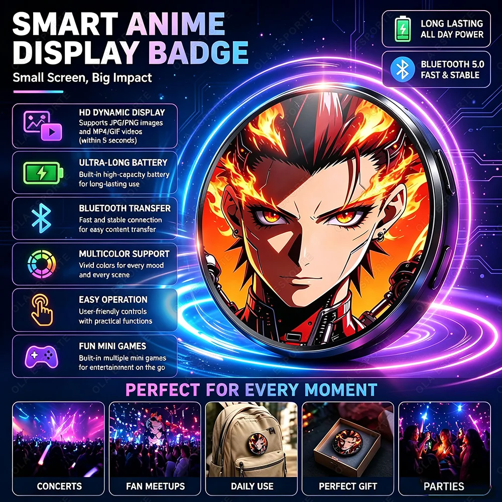 Anime E-Badge Display Pin Dynamic Electronic Badge Anime Merchandise Digital Display Badge Dynamic Gift For Otaku Fans Friends