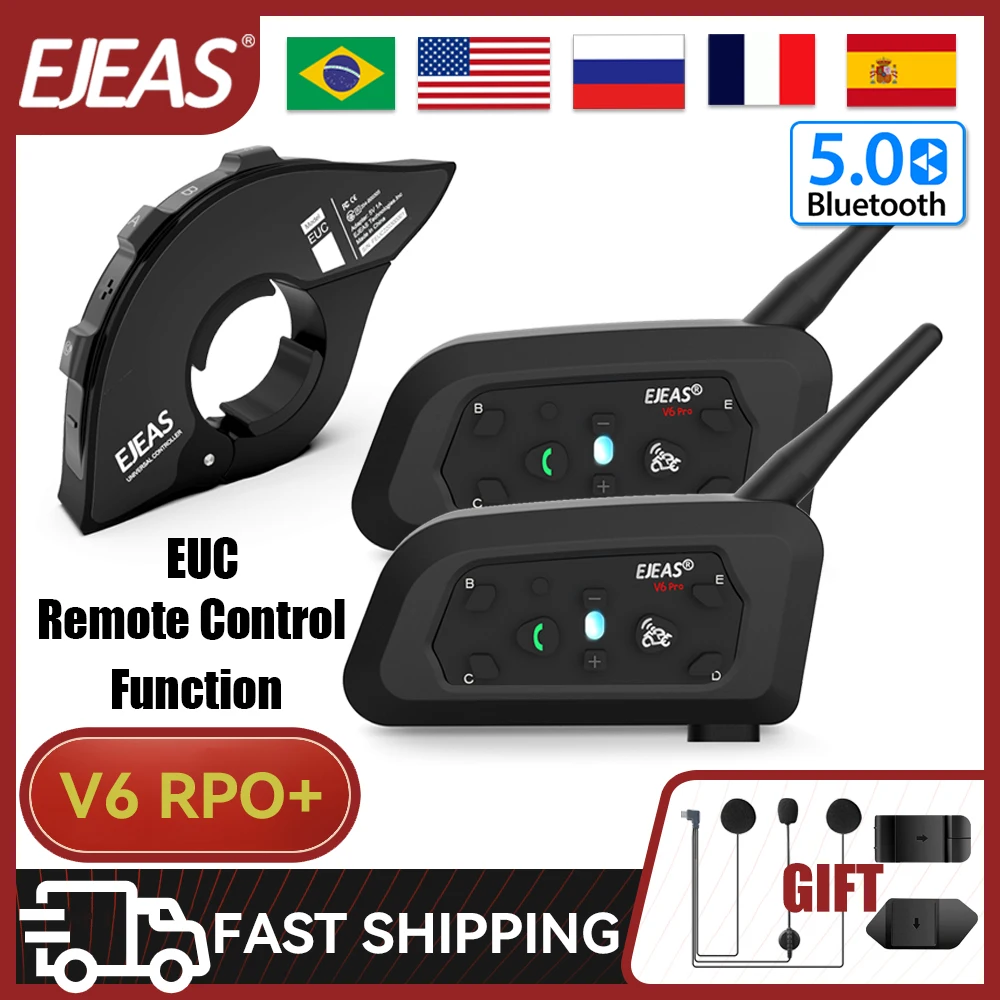 EJEAS V6 PRO+ Bluetooth Motorcycle Helmet Intercom Headset with EUC Remote Control 6 Riders Full Duplex Communicator Waterproof