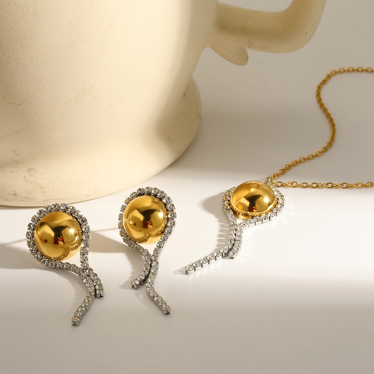 

Light Luxury Women's Stainless Steel Zircon Tassel Necklace Earrings set British Style 18K Gold Plated Jewelry Set Wedding Party