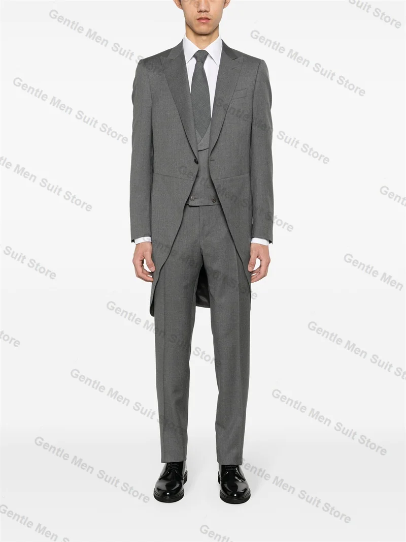 Hi-Lo Grey Men Suits Pants Set 3 Piece Blazer+Vest+Trousers Wedding Tuxedos Male Prom Coat Customized Formal Office Jacket