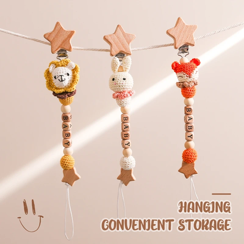 Wooden Personalized Baby Pacifier Chain BPA Free Crochet Bunny Pacifier Clip Newborn Nipple Holder Teething Baby Accessory Gifts