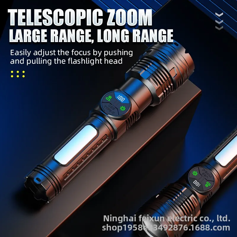 New Super Bright High Power LED Flashlight Zoomable Long Range Emergency Red Blue Warning Light USB C Rechargeable Portable