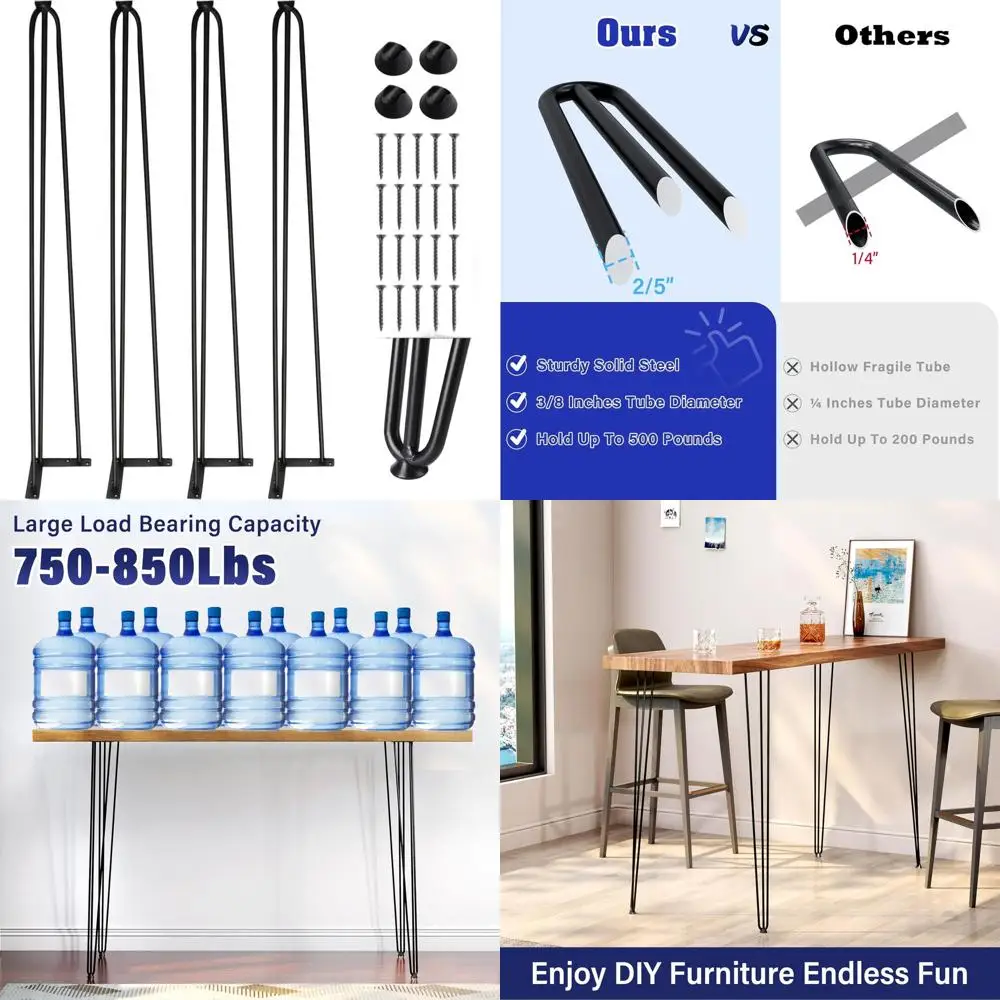 

Black Heavy-Duty 3-Rod Metal Hairpin Legs, Set of 4 for DIY Steel Furniture - Dining, Desk, Coffee Tables, and Benches