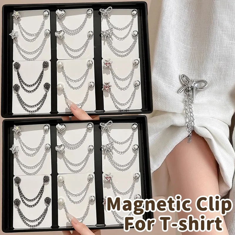 

5pcs Multi-Function Magnetic Clothing Clip with Chain Metal Buttons Clip Clothes Scarf Trouser Legs Cuff Fixing Magnet Pin Decor