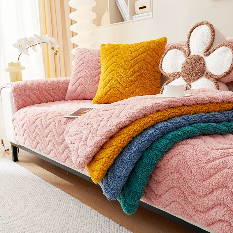 Solid Lamb Fleece Wave Quilted Sofa Cover Winter Plush Anti Slip Corner Sofa Covers for Home Simple Cozy Easy-Care Armrest Towel