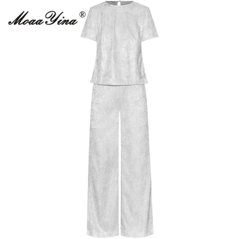 

MoaaYina Summer Fashion Runway Light Grey Vintage Pant Set Women Loose T-Shirt+Pockets Wide Leg Trousers Embroidery 2 Pieces Set