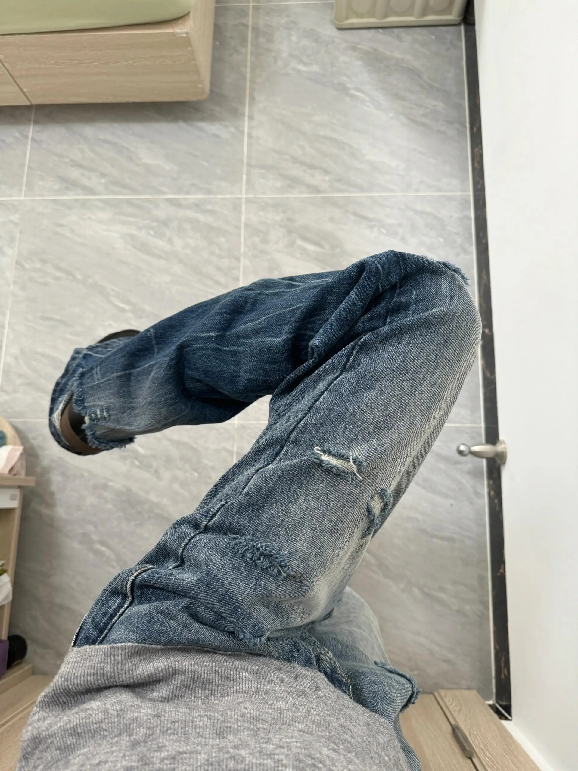 

Retro American Blue Lightning Pattern Hole Denim Jeans Women's High Waist Wide Leg Micro Flare Summer Street Sle Trousers