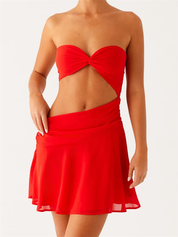 CHRONSTYLE Abito tubino senza spalline da donna estivo casual con ritaglio in vita mini abito increspato senza schienale per cocktail party beach streetwear