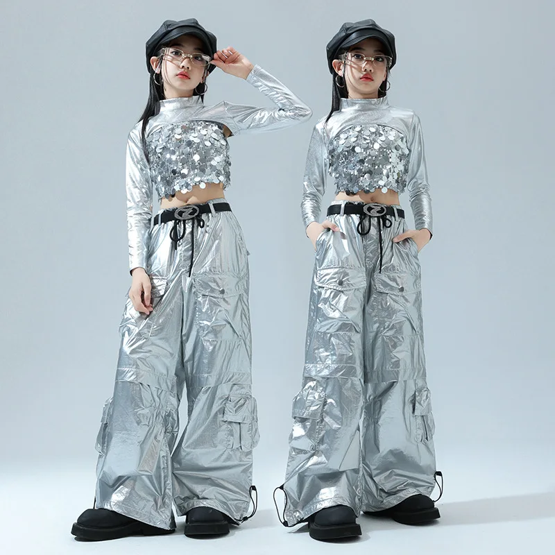 Girls K-pop Sequin Crop Top Street Dance Silver Cargo Pants Kids Streetwear Children Jazz Costumes Shiny Hip Hop Clothes Sets