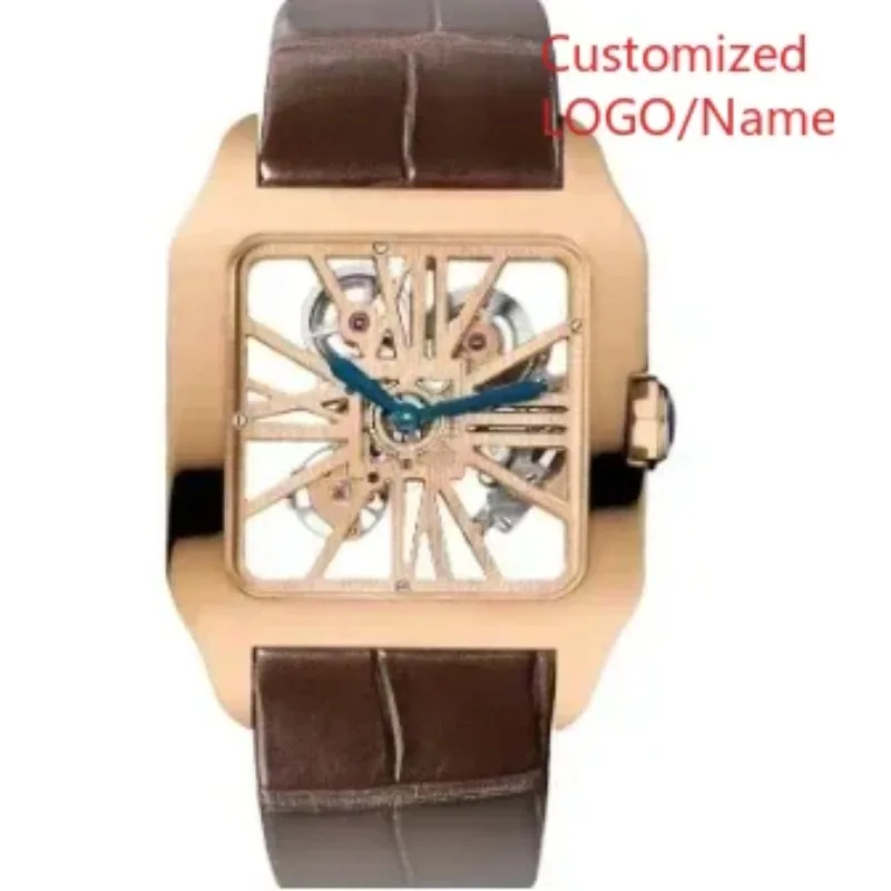 Модные часы Кварцевые полые часы из нержавеющей стали Синие кожаные квадратные наручные часы Мужские по индивидуальному заказу