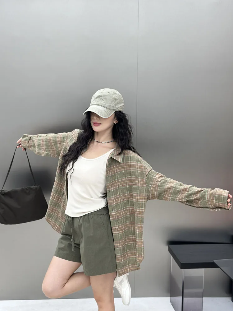 

Bodhl Color Woven Linen Blend irt Street Sle Cheered Collar Long Sve Loose Fit Women's Premium Faion Spring 2025