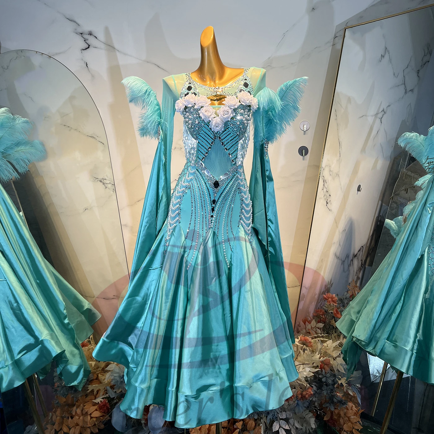 Latin Dance Adult Children'S Dress Rhinestone High-End Custom White Flower Modern Big Skirt Waltz Women'S Professional Clothing