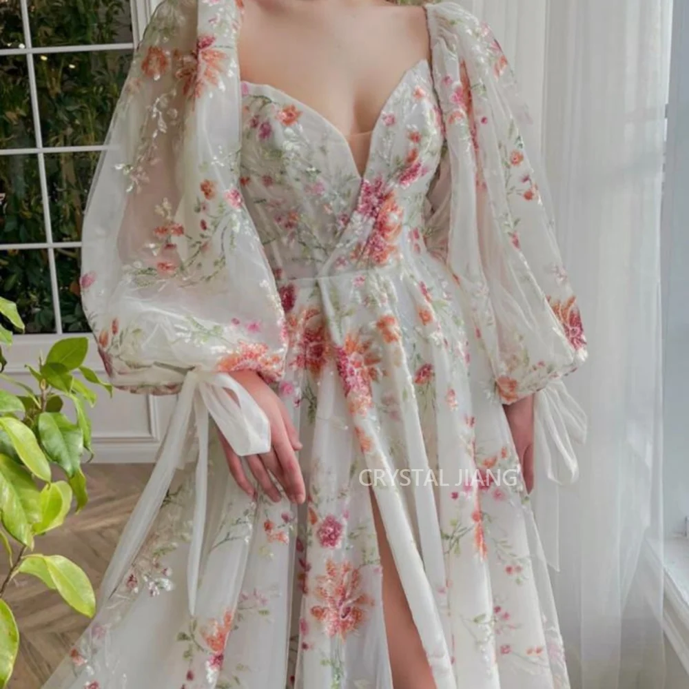 Exquisite Prom Dresses V Neck with Full Puffy Sleeves with Handmade Wildflowers A Line Sweep Train with Slit فساتين سهره