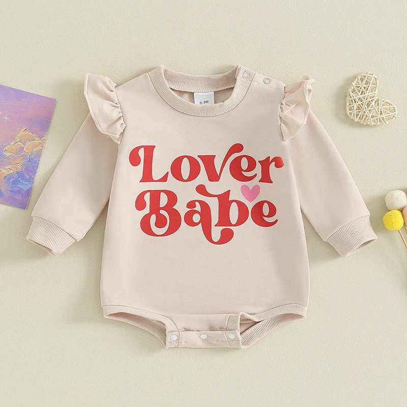 Valentines Bubble Romper Flying Long Sleeve Jumpsuit Letter Heart Print Cute Onepiece Infant Toddler Clothes