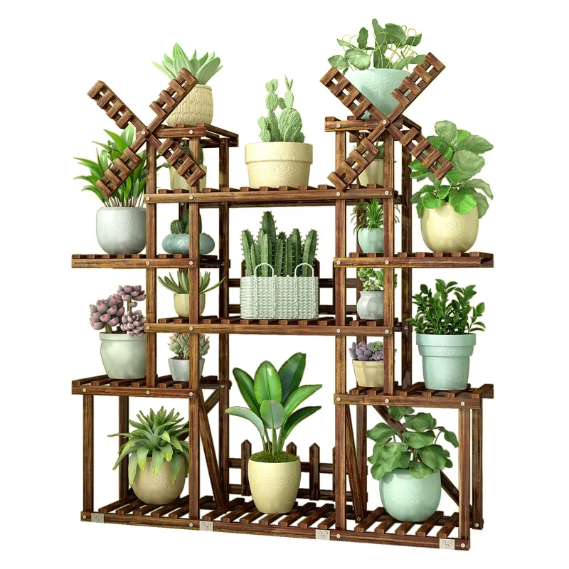 

Wooden flower shelf multi-storey indoor special shelf floor balcony solid wood wrought iron rack for living room succulent pots