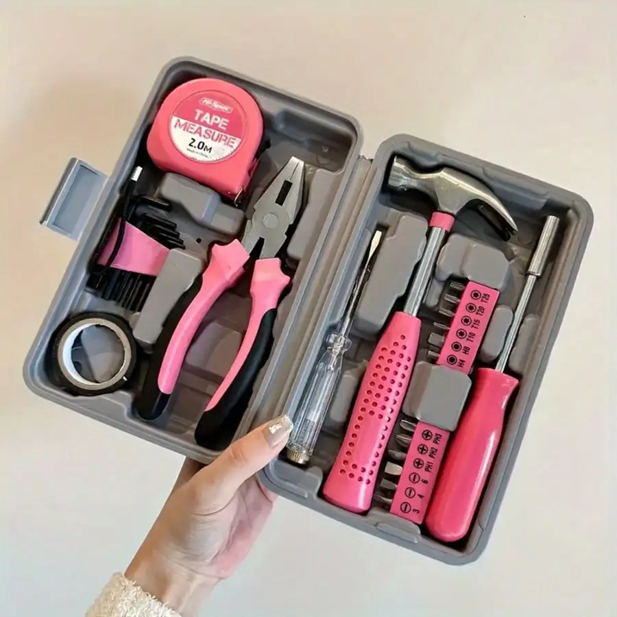 

24pcs Home DIY Tool Kit For Household, Office & Garage - General Repair Small Hand Tool Set With Storage Case, Tool Set Pink Household DIY Tool Kit For Women. Small Mini Tool Box Set Of Starter Basic Ladies Tools