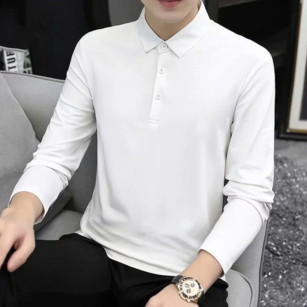 Fashion Autumn Spring Men\'s Long Sleeve Polo-Collar Cotton Solid Black White Business T-shirt Youth T Shirts Tees Top