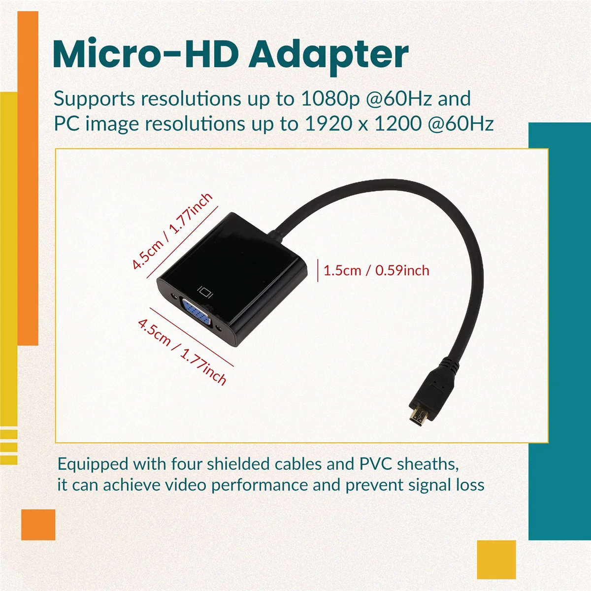 Micro- to VGA Adapter Cable 1080P Video Converter with Audio Jack USB Power Cable for Camera 4