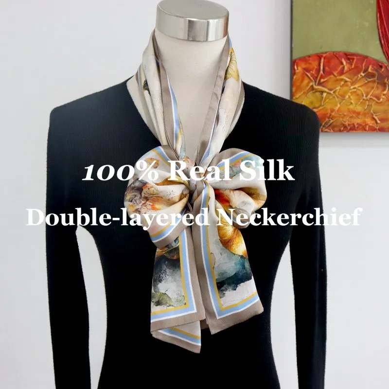 

Универсальный шелковый платок с дизайнерским принтом, длинный узкий шарф, двухслойный, 100% натуральный шелк, повязка для волос, аксессуар для женщин