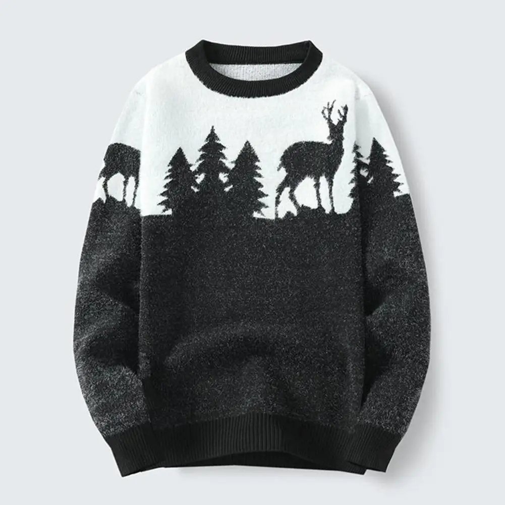 Winter Men Pullovers Elk Print Round Neck Sweater New Year Keep Warm Knitting Wear Loose Christmas Tree Pattern Autumn Sweater