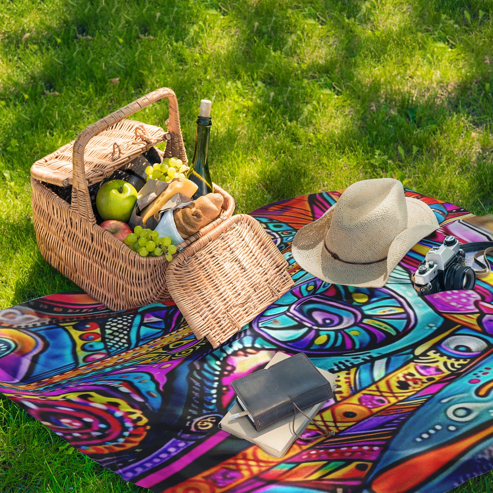 Stylowy koc na zewnątrz z motywem kota z kolorowymi liniami i skomplikowanymi wzorami na piknik na plaży