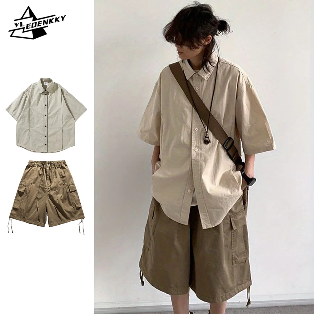 Japanese Cargo Set Men Vintage Loose Short-sleeved Shirt Thin Solid-colored Multi-pocket Shorts Casual Summer Quick-drying Suit