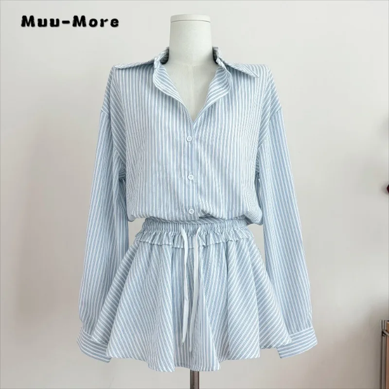 

2025 Spring Sweet Elegant Style 2 Piece Set Women Turn Down Collar Shirt + A-line Skirt Office Lady Two Piece Skirt Set Outfits