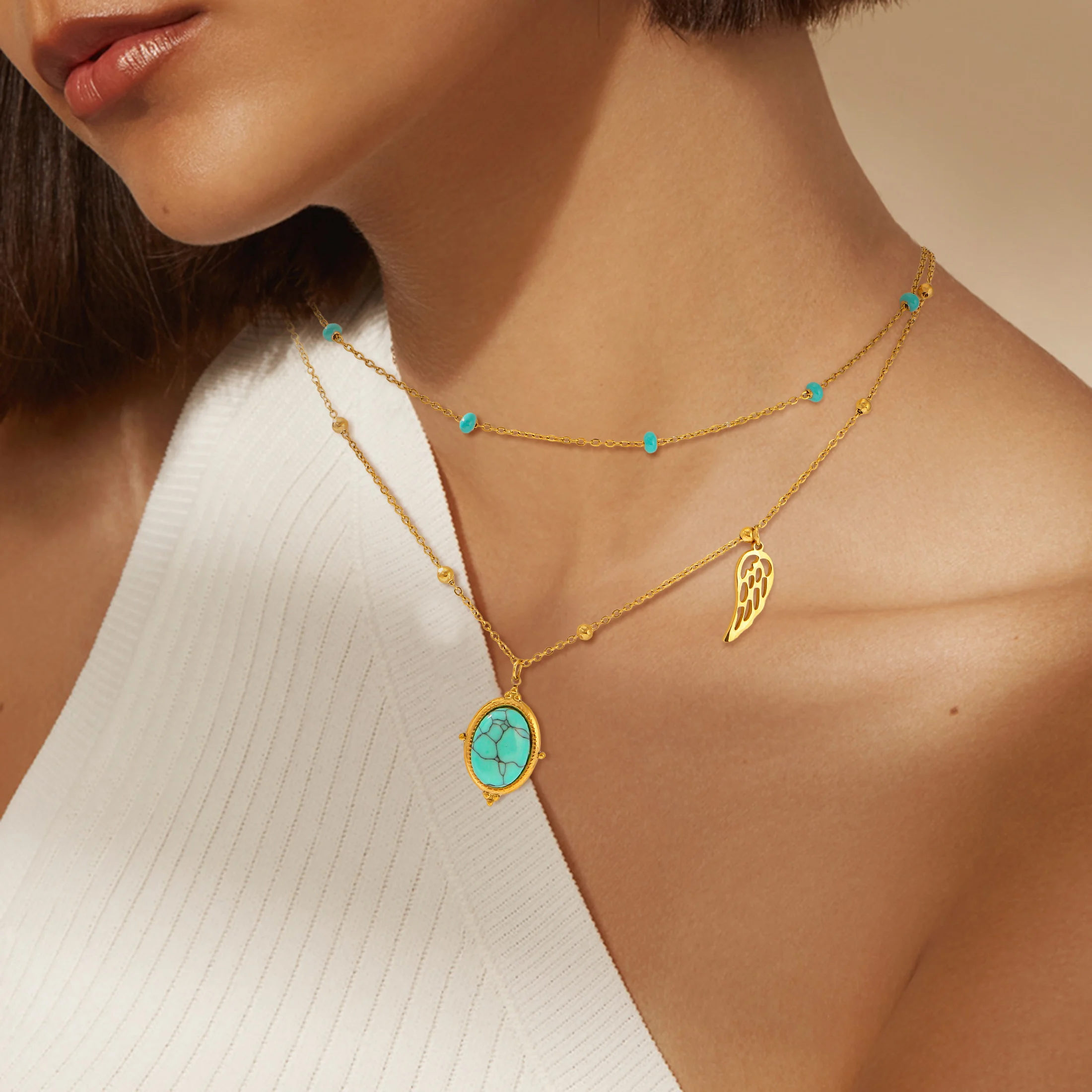 Wing shape and turquoise pendant Bohemian style golden women\'s fashion jewelry gift, daily party wear multi-layer necklace